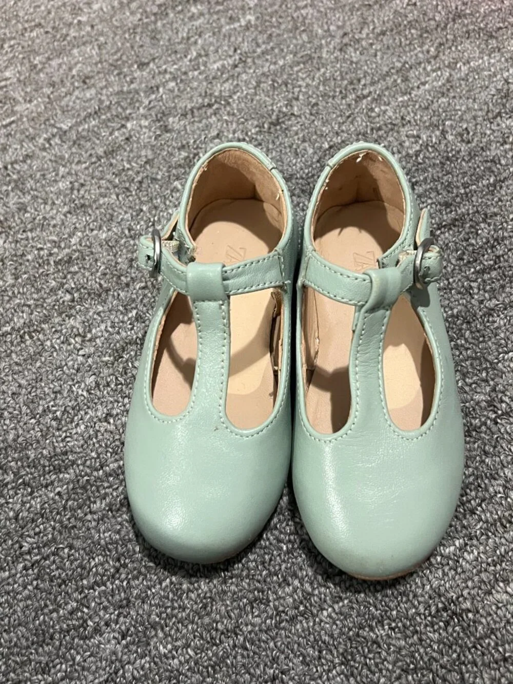 Zara Toddler Girl Leather T Strap Ballet Flats Sheepskin Rubber Sole Green Sz 22